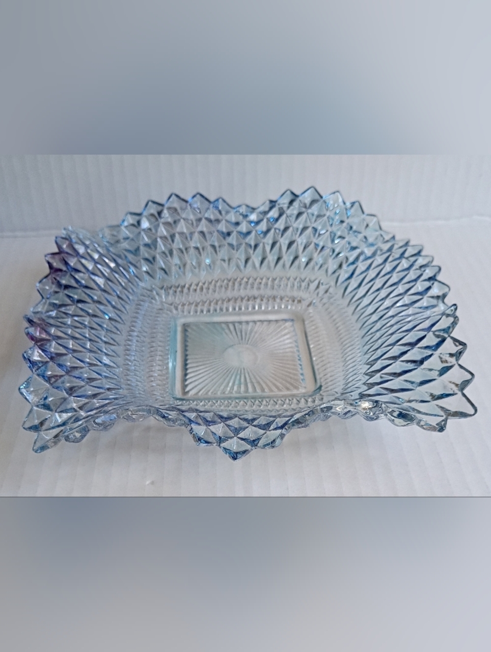 Vintage Indiana Glass Ruffled Glass Dish Blue Diamond Pointed 7" Ashtray Trinket